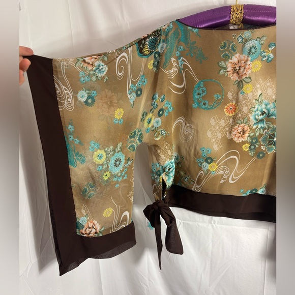 VTG Y2K Brown Floral Boho Batwing Sleeve Kimono Blouse with Waist Tie Size L - Picture 5 of 15